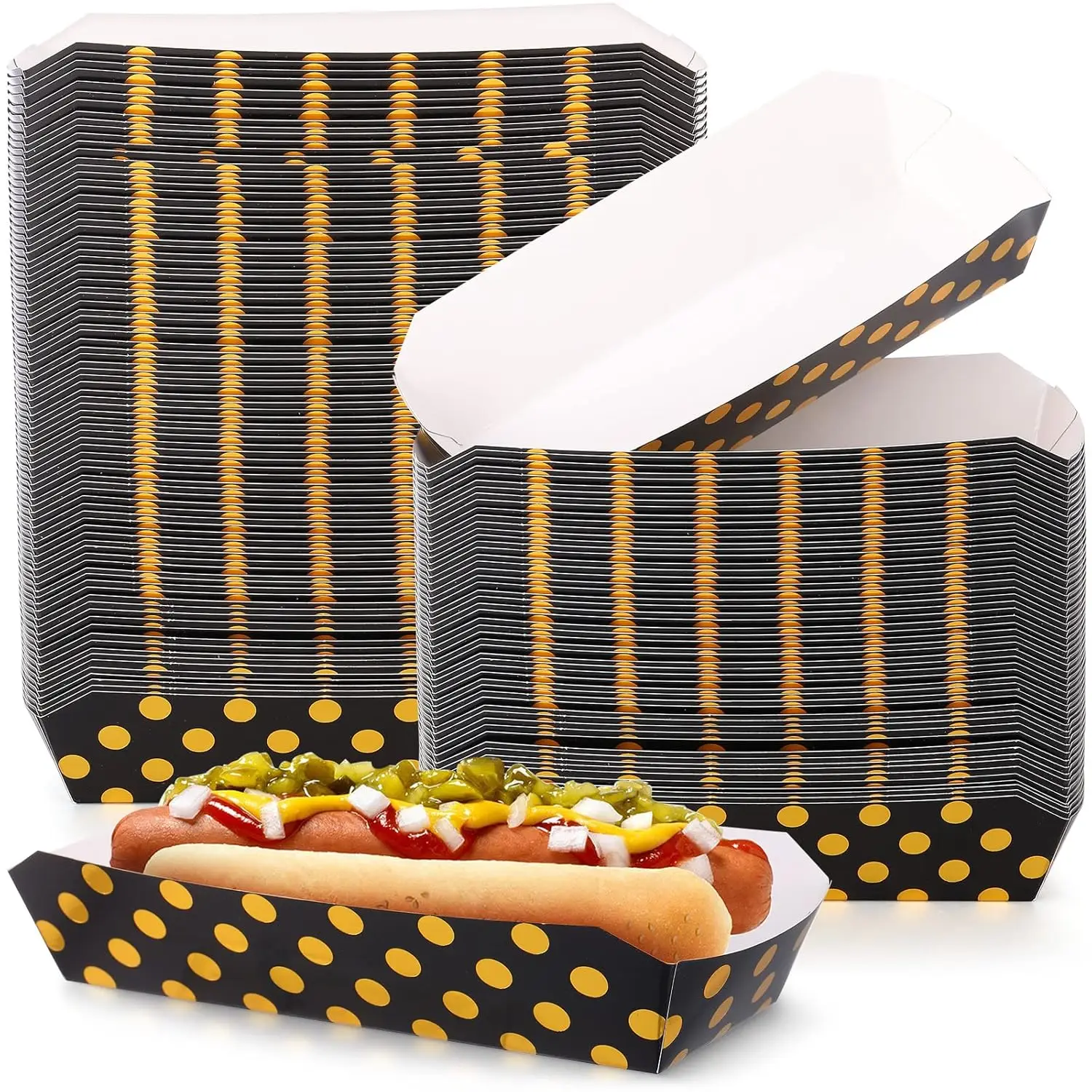 

150 Pcs 7 Inch Disposable Paper Hot Dog Trays Gold Dots Oil Resistant Cardboard Boat Baskets for Parties Picnics