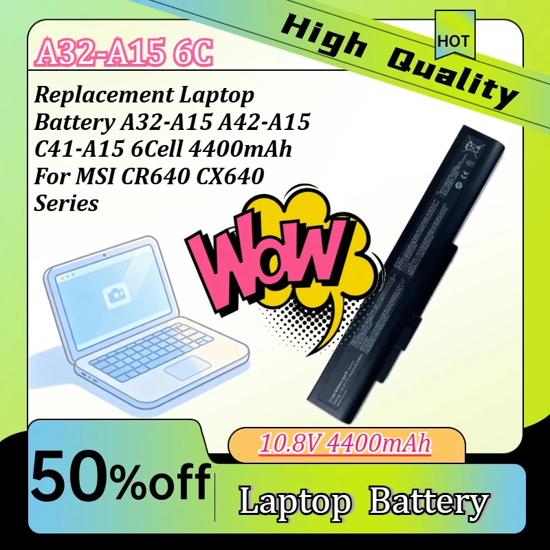 Replacement Laptop Battery A32-A15 A42-A15 C41-A15 6Cell 4400mAh Compatible with MSI CR640 CX640 Series