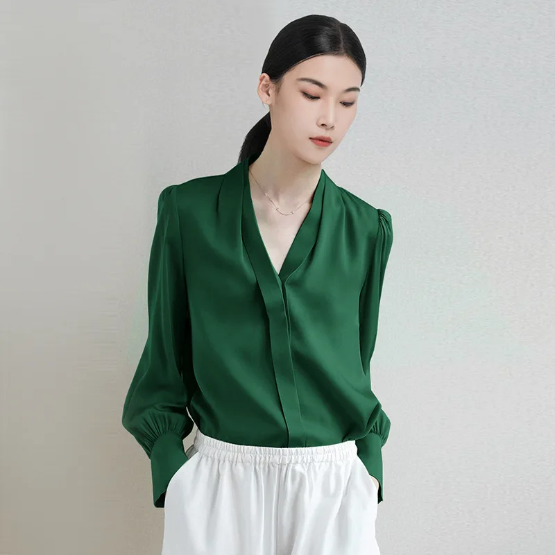 

High Quality Women Real Silk Long Sleeve Shirts Solid Color Tops For Summer Spring Lantern Sleeves V-neck Business Shirt Blouse