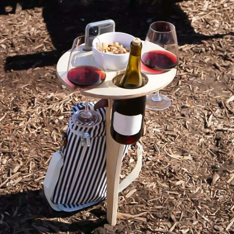 Outdoor Wine Table with Foldable Round Desktop Mini Wooden Picnic Table for Picnic Camping Wine Table Goblet Holder Wine Rack