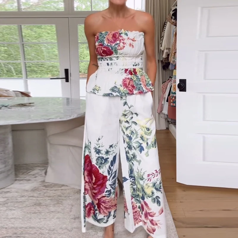 

Sexy Strapless Backless Tops&Wide Leg Pants Set Fashion Floral Printed Vacation Two Piece Sets Elegant Sleeveless High Waist Set