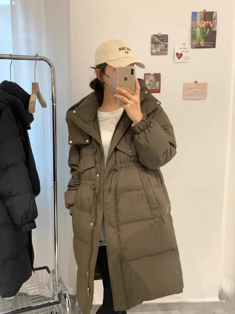 Winter Clothes for Women Drawstring Waist Mid-length Down Jacket White Duck Down Hooded Thick Warm Puffer Jacket Overcoat