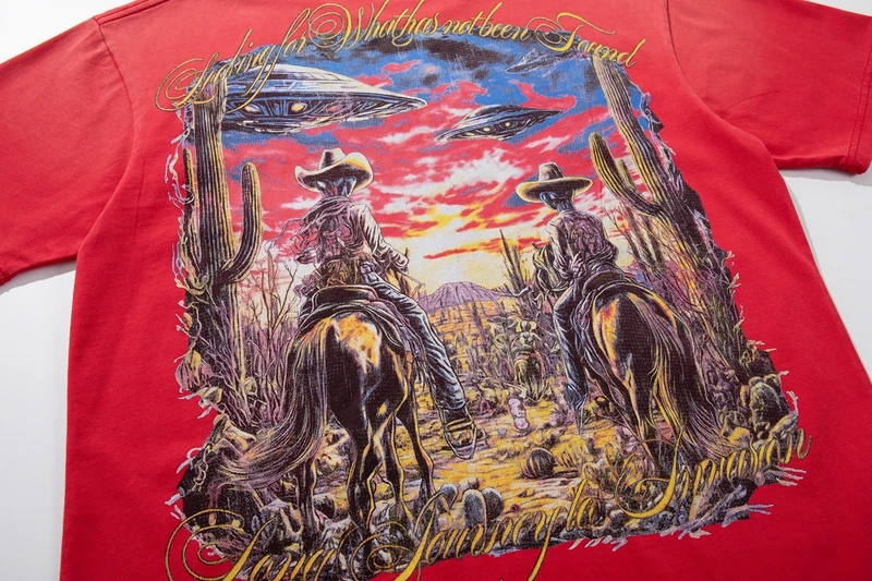 Sommer Vintage Rotes Acid Wash T-Shirt mit Alien Cowboy Western Aufdruck Lässige Oberteile Y2k Streetwear Oversized Hip Hop Unisex Kleidung – Detail 6