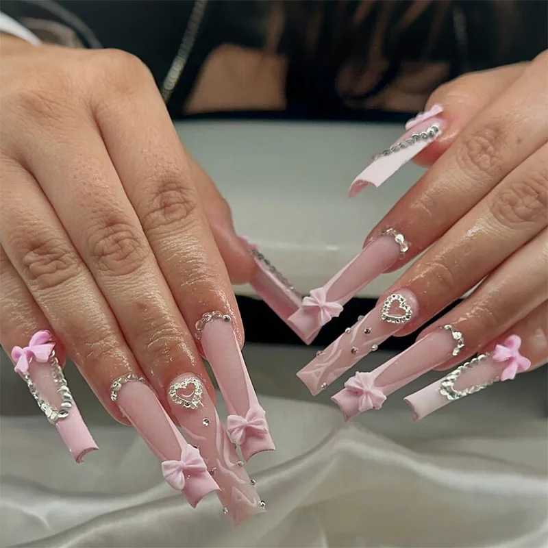 

24Pcs Pink Long Ballet Nails Designed with 3D Bow and Diamond Heart French Acrylic Nail Art Tips for Women&Girl Daily,Party Wear