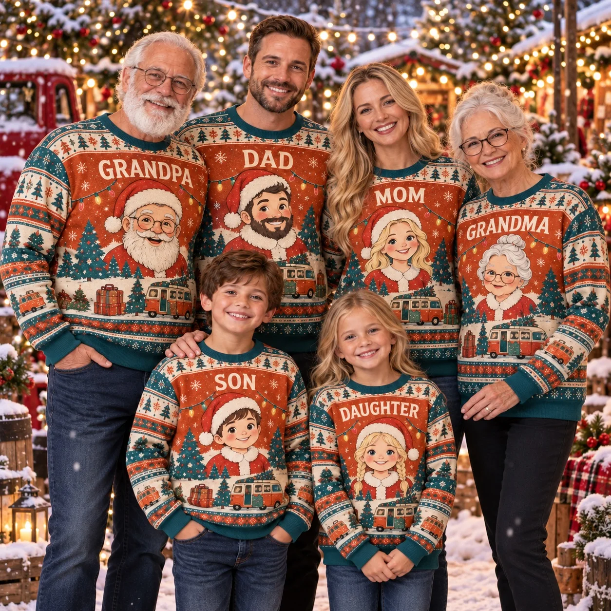 Christmas Outfits 3D Faux Knit Sweatshirts Matching Crewneck Roadtrip Party Tops Holiday Gift for All Family Members