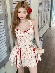 2024 Floral Camisole Short Vest Hanging Neck Top Women Summer Pleated Cake Halter Skirt Two Piece French Tea Break Forestry