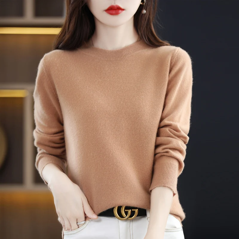 

2023 Spring And Autumn New Pure Wool Ladies Pullover Long-Sleeved Round Neck Solid Color Sweater Knitted Bottoming Loose Top