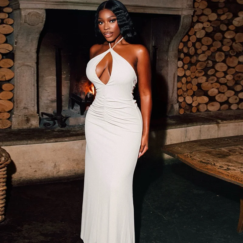 

2025 Sexy Halter Backless Maxi Dress For Women Solid Color Ruched Slim Fit Bodycon Cross Neck Elegant Clubwear Evening Gown New