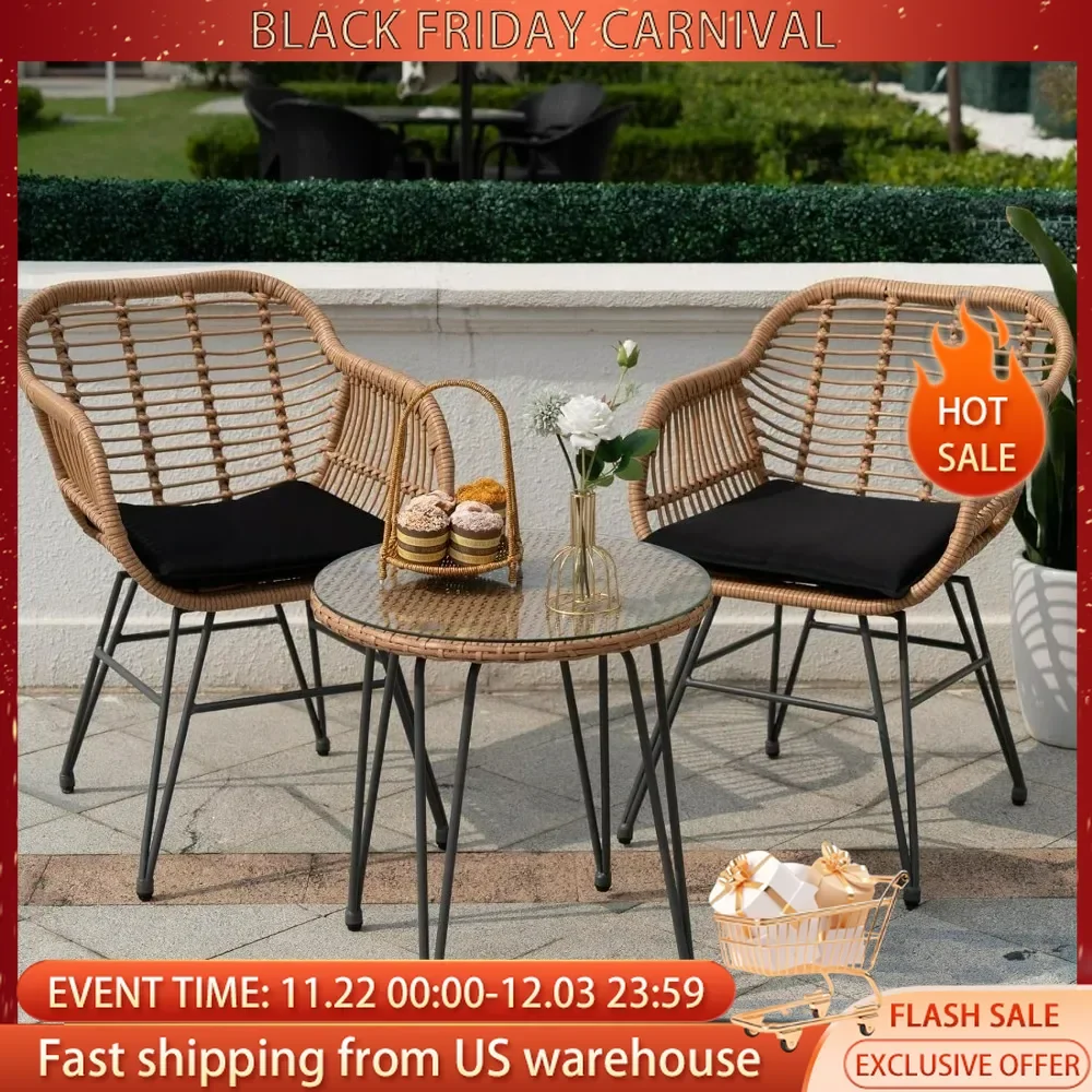 3 Piece Outdoor Wicker Furniture Patio Set, with Cushions, Wicker Patio Chairs Patio Furniture Set for Outdoor Poolside Garden