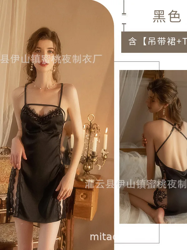 Romantic Uniforms Gentle Fashion Women Sexy Suspender Mature Charm Elegant Autumn Haute Couture Backless Slit Lace Dress DT16