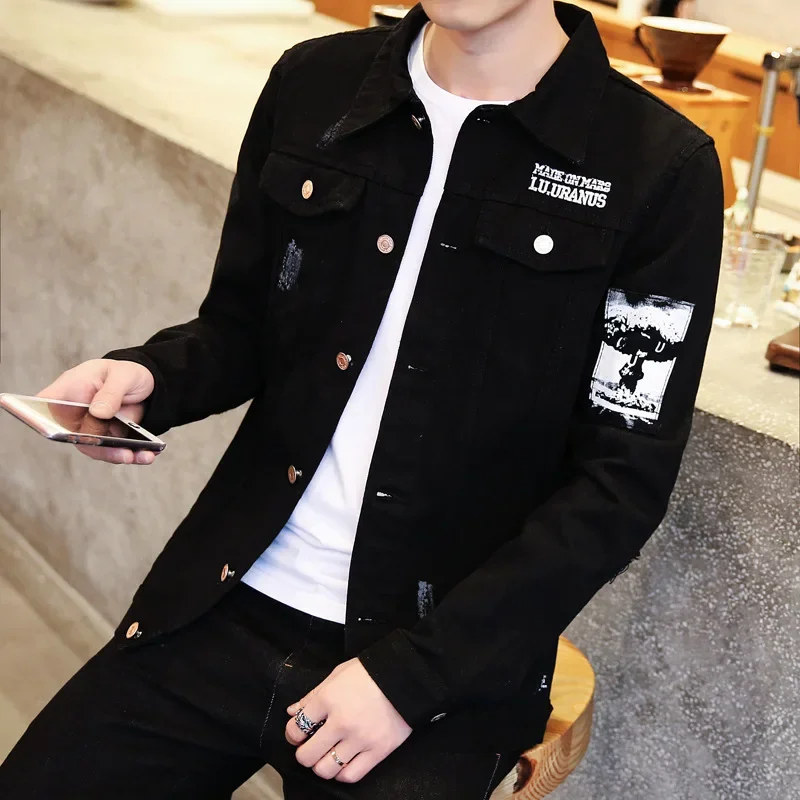 

Spring Autumn 2021 Casual Streetwear Men's Korean Trendy Jacket Youth Slim Handsome Clothes Men's Black Denim Jacket