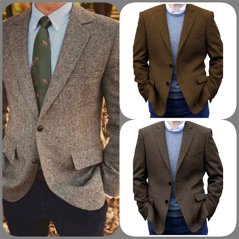 

British Vintage Style Jackets For Man Wool Blend Herringbone Pattern Male Blazer Winter Business Casual Men's Suits Clothing New