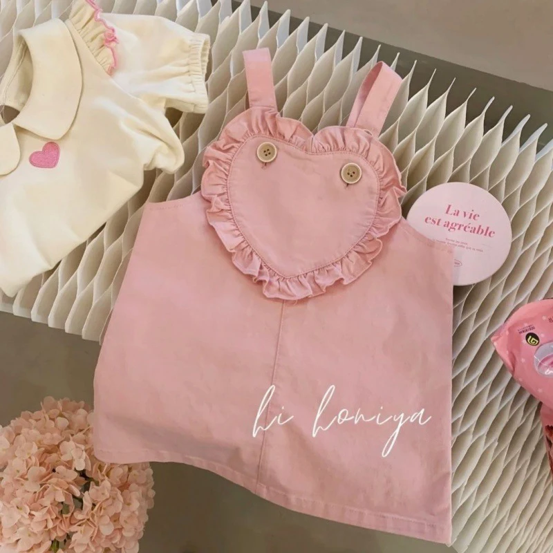 Sweet Girls Jumpsuit Set Beige Tops Shirt+Pink Heart Appliques Overalls Kids Summer Two Pieces Suit 1-8Y Child Loungewear Ropa