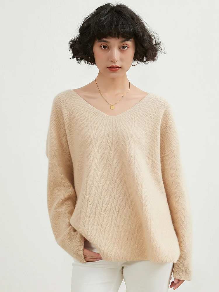 V-neck Cashmere Knitted Bottoming Shirt for Women, Thick Warm and Lazy Sweater with a Temperament PU, Autumn and Winter