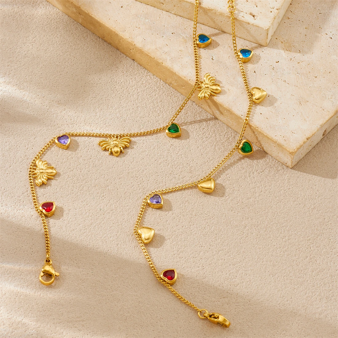 الفولاذ المقاوم للصدأ الملونة جولة الزركون النحل الحشرات القلب سوار سيدة الاتجاه الجديد الكلاسيكية المعصم سلسلة مجوهرات جلامورو