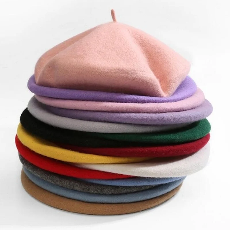 Women Girls Winter Warm Faux Wool Beret French Artist Beanie Hat Cap Red Black Purple Pink Orange Kawaii Flat Top Caps Warmers