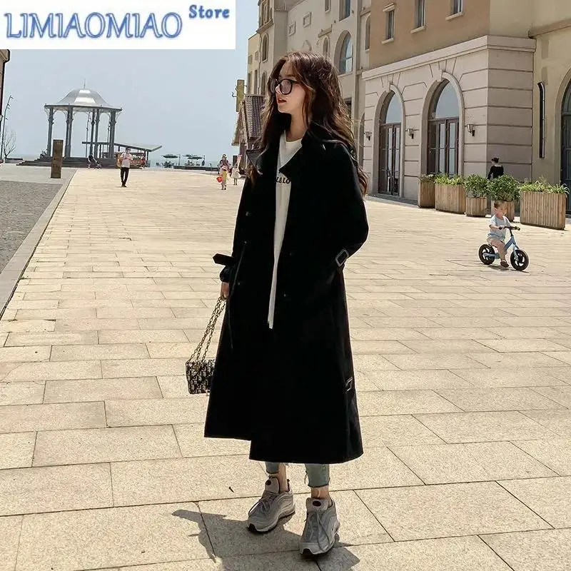 2023 White Windbreaker Women Mid-Length Spring Autumn Korean Loose BF Over The Knee British Style Jacket Female Outcoat Femme