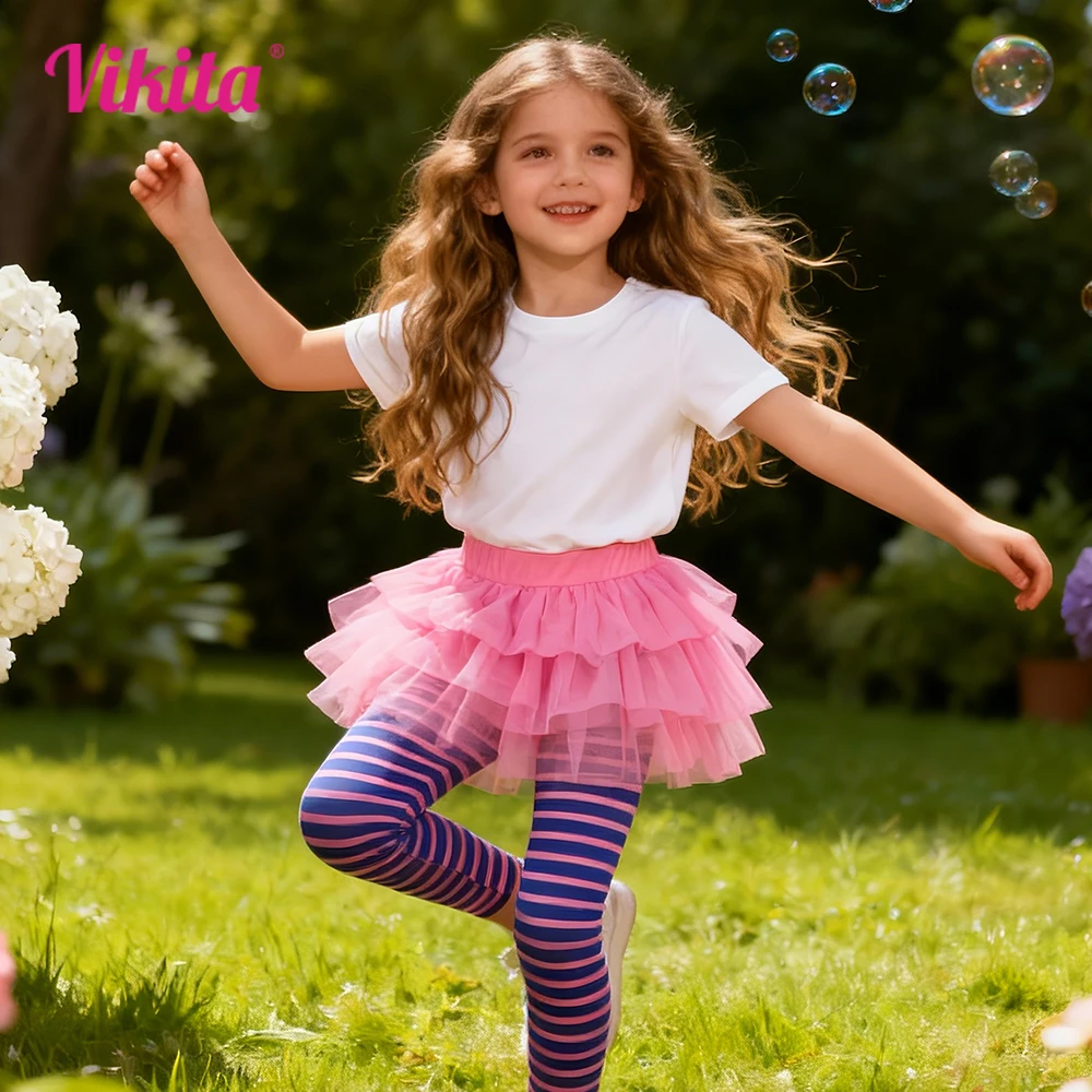 VIKITA Kleinkinder Mädchen Gestreifte Leggings mit rosa Tüll-Mesh-Röcken Fake 2-teilig Kinder Baumwolle Lässig Täglich Prinzessin Hosen Hosen