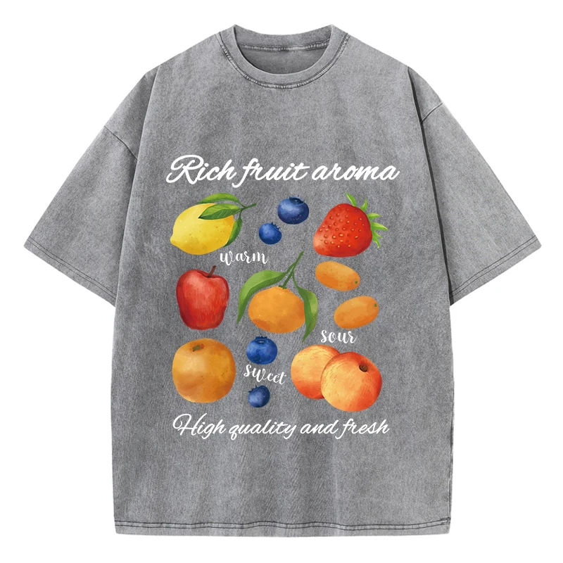 Oversized Womans Washed T-Shirts Rich Fruit Aroma Printing Short Sleeve Cotton Crewneck Oversize Tops Vintage Female Clothes