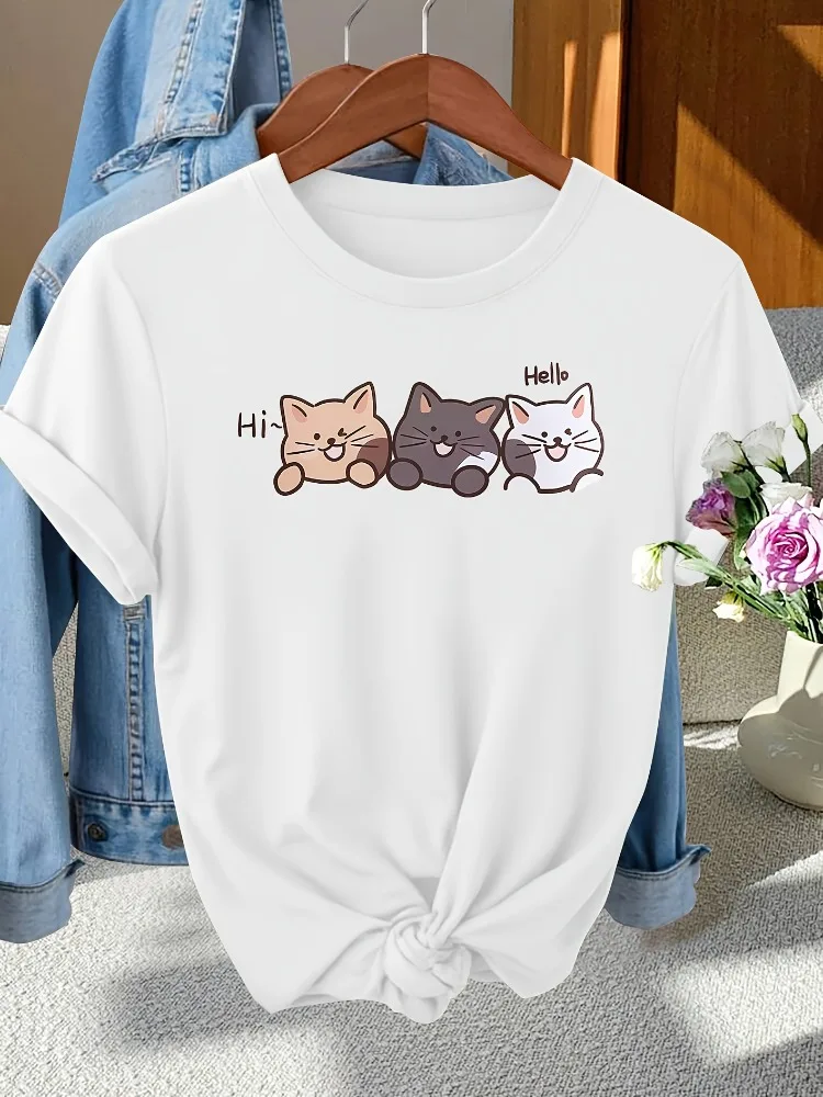 Elegant Gift for Women: T-Shirt Featuring “Hi Hello” and Three Curious Kittens Peeking Out Round-Neck Short-Sleeve Shirt