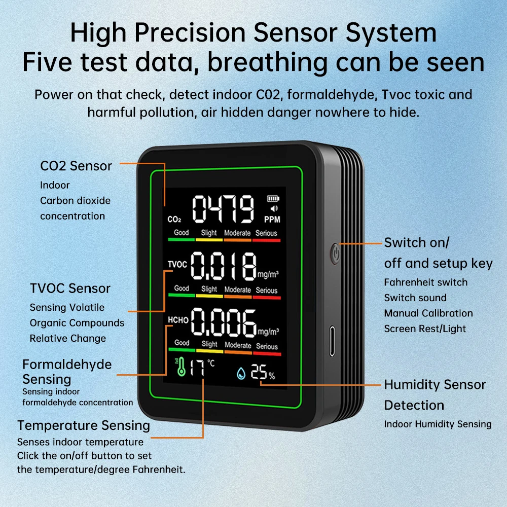 

Многофункциональный цифровой измеритель качества воздуха: CO2, TVOC, HCHO, цифровой тестер температуры и влажности, домашний детектор воздуха