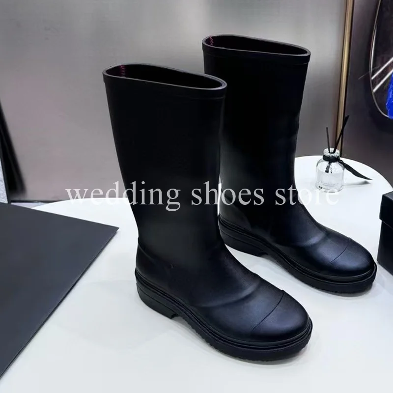 Women's New Autumn Winter Runway Rubber Rain Boots Waterproof Slip-on Round Toe Thick Shoes Fashion Mid-calf High Boots