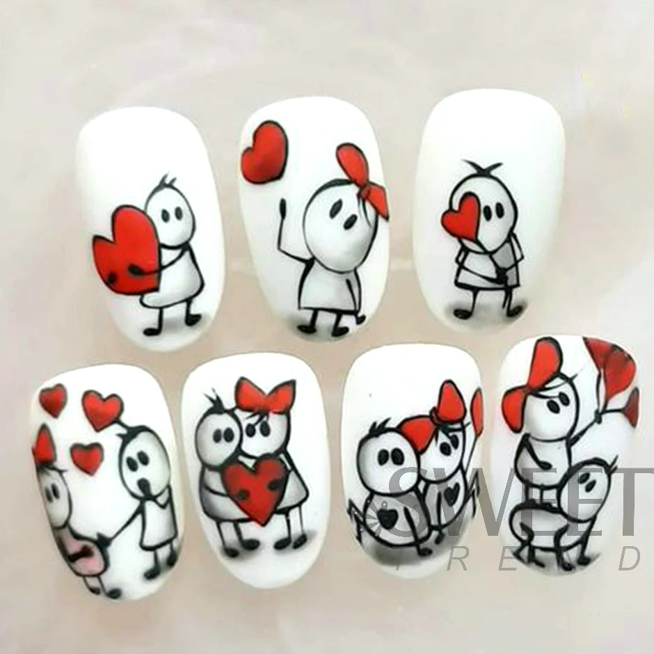 3D Valentines Lover Stickers For Manicure Cute Cartoon Romantic Letter Black Simple Line Girl Heart DIY Decoration Decals LYF106