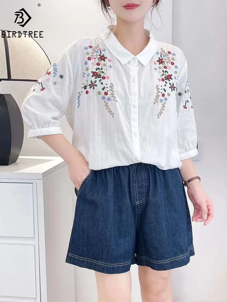 New Summer Cotton Half Sleeve Shirts Lapel Floral Embroidery Tops Mori Girl Retro Casual Loose Blouses 2024 Autumn T46973QM