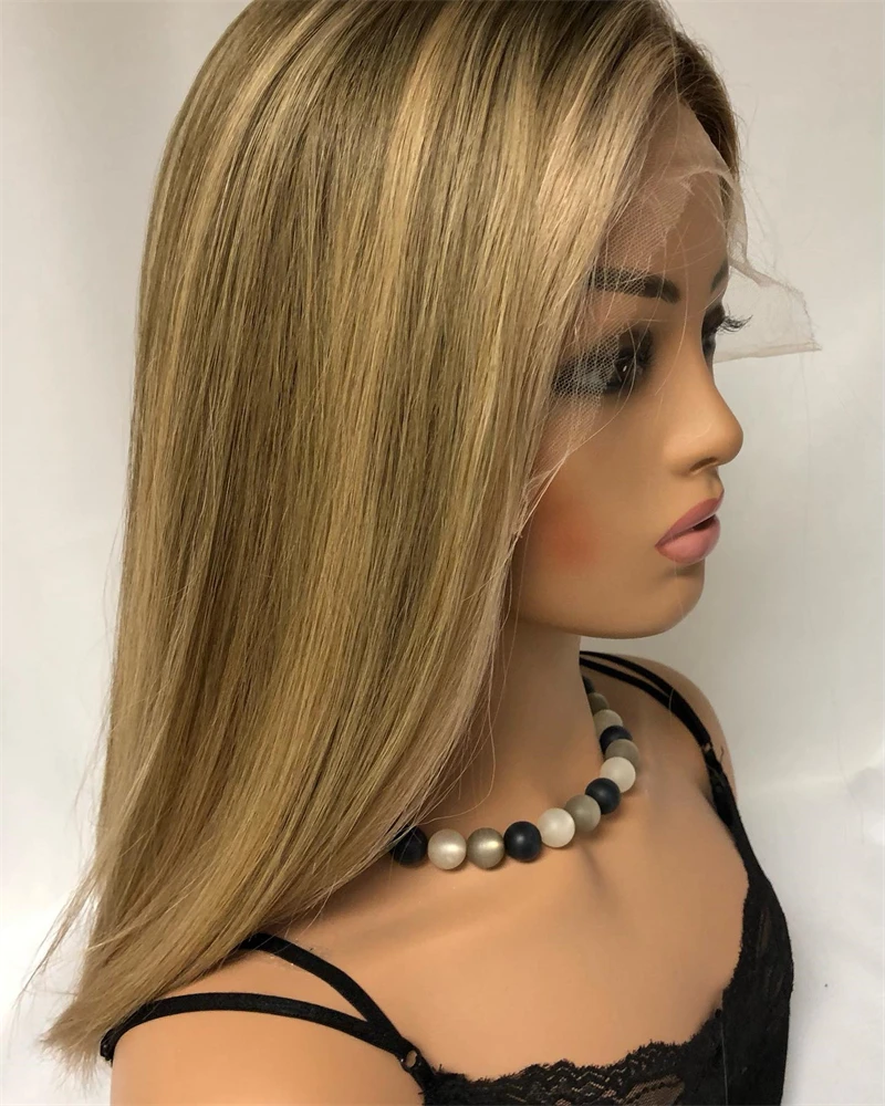 

Golden Blonde Ombre Synthetic Lace Front Wig Blend European Hair Glueless Dark Honey Natural Preplucked Hairline with Baby Hair