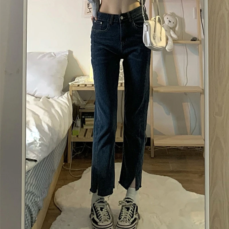 

Split Straight Leg Jeans For Women 2023 Autumn Retro High Waist Cropped Pants Loose Student Versatile Jeans