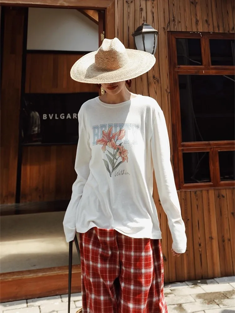 

100cm Bust Spring Fall White Long T-Shirts Women Korean Fashion Elegant Loose Flowers Print Long Sleeve Base T-Shirts Tops
