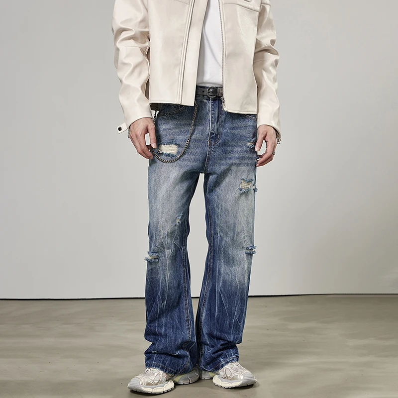 2024New Ripped Jeans Men's Personality Fashion Design American High Street Style Loose Straight Flare Pants