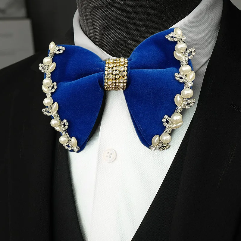 French Men's Velvet Bow Ties Pearl Rhinestone Original Handmade Jewelry Gifts Luxury Business Suit Shirt Wedding Collar Flowers