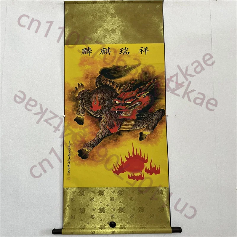 

Китайская старинная настенная роспись на рисовой бумаге, акварельная живопись тушью, благоприятная диаграмма Цилинь Лиу Кулина.