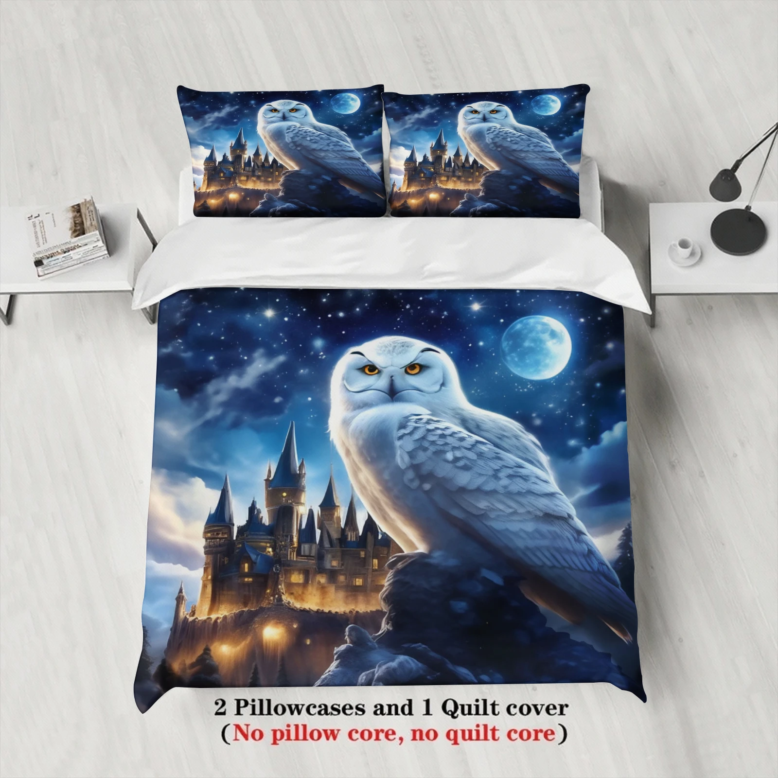 Owl Castle Bedding Set Magic Moonlight Fantasy Duvet Cover Set With Pillowcases For Teens Kids Wizard Bedroom Twin Queen King