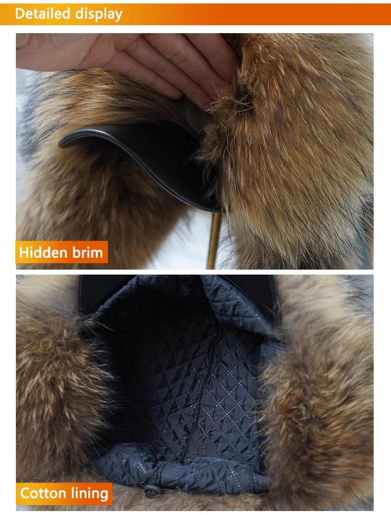 Winter 100% Echtes Silberfuchsfell Bombermütze Waschbärpelz Mütze Neue Herren-Ushanka Trapper Russische Herren-Skimütze Echte Lederkappen – Detail 7