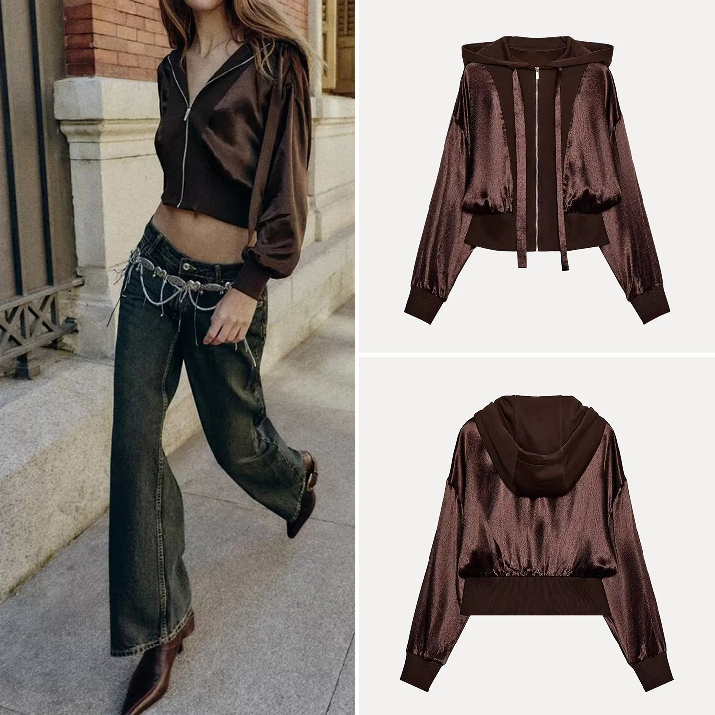 Z Mujer Faionable Con Capucha Patchwork Jaet 2025 Nuevo Sle Personali ort Abrigo Largo Cierre de Cremallera Sve