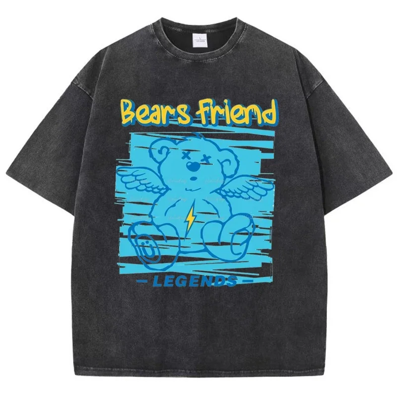 

Woman Cotton Washed T-Shirts Summer Loose O-Neck Tops Blue Bears Friend Legends Print Short Sleeve Street Female Clothes