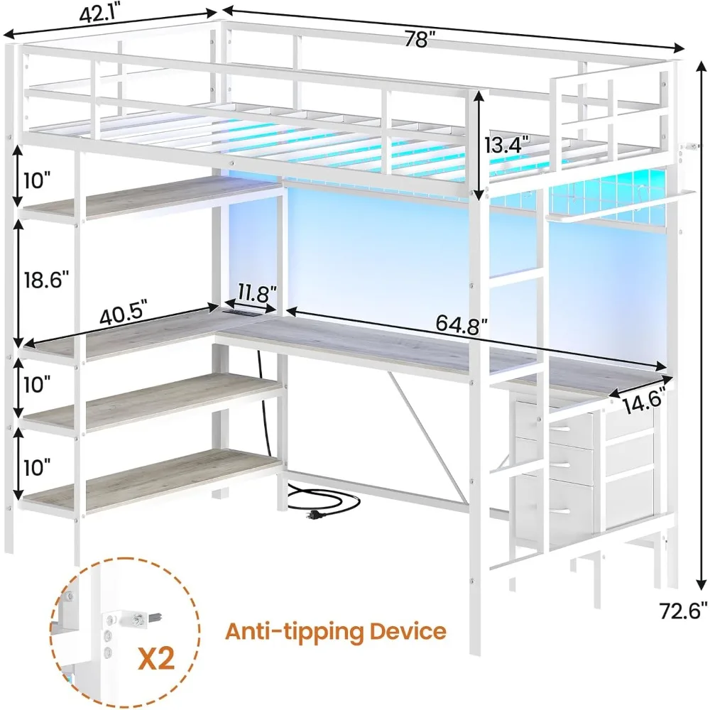 Twin Size with L-Shaped Desk and Storage Shelves, Metal Loft Bed Frame with Power Outlet, LED Lights