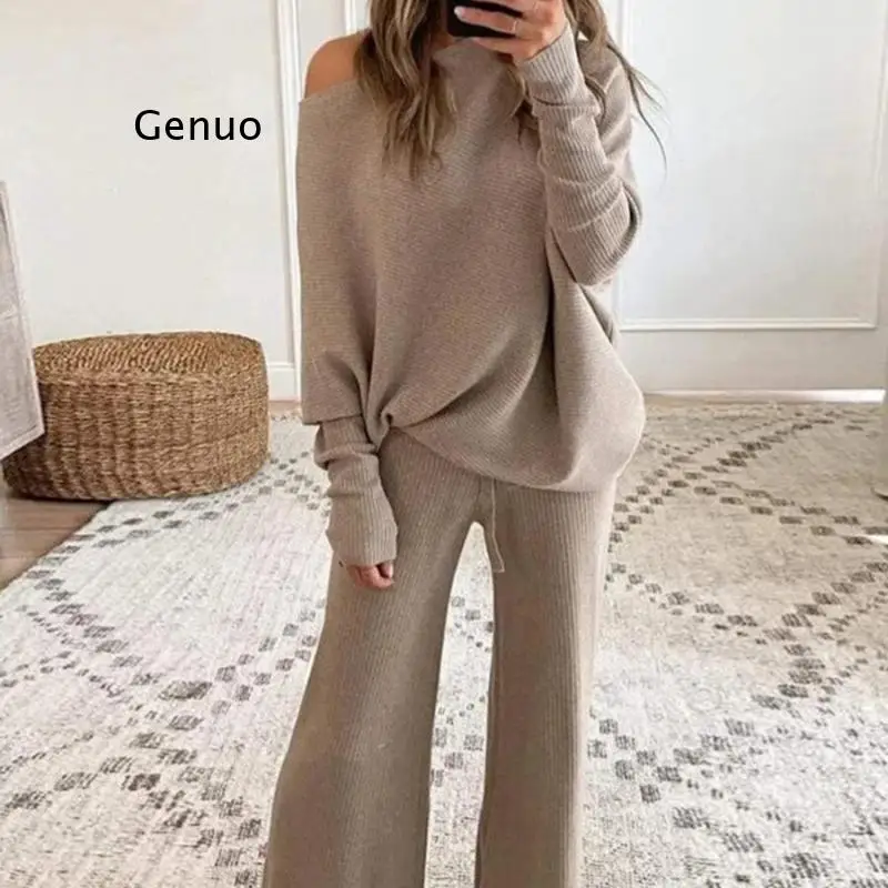 Autumn Women Pajamas Homewear Solid Color Loose Pullover Tops with Wide Leg Pants Sleepwear Suit Lady Casual Soft Nightwear