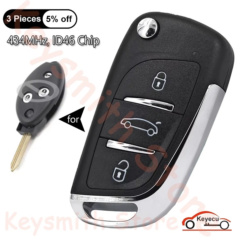 KEYECU 3 Buttons 434MHz ID46 Chip for Peugeot Senna 2009+ Auto Upgraded Flip Remote Control Key Fob Replacement SX9 Uncut Blade