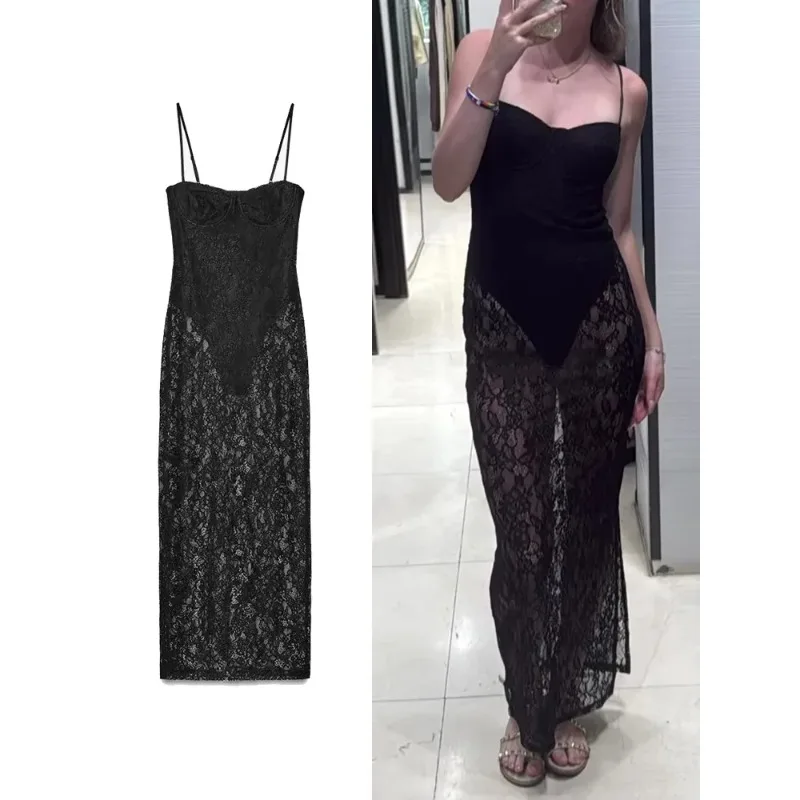 

Шикарное черное длинное платье-комбинация с цветочным кружевом и вставками для женщин, с открытой спиной, на бретелях, для вечерних мероприятий