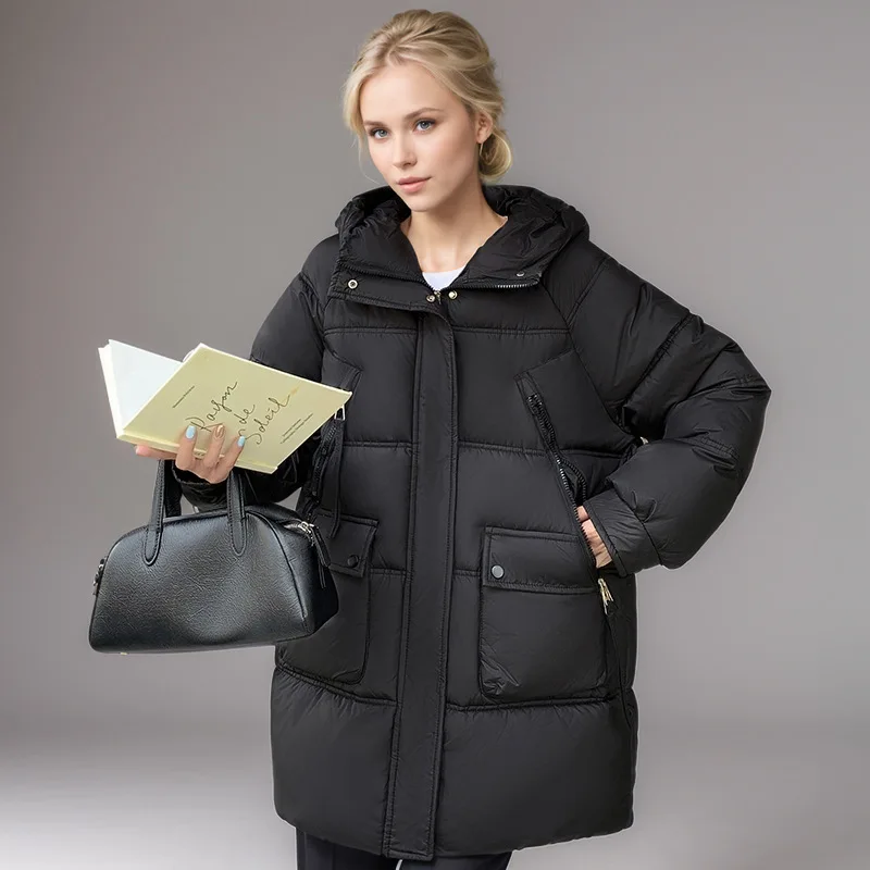 Winterparka voor dames met patchwork, pure kleur, meerdere zakken, gewatteerde jas met ritssluiting voor dames, veelzijdige damesjas met capuchon