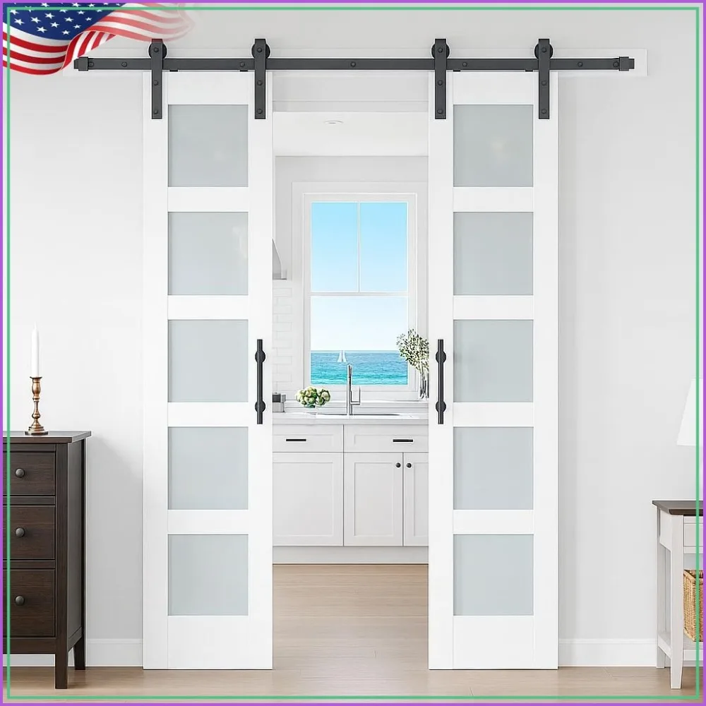 21x84 Double Glass Sliding Barn Door with 8FT Hardware Kit, Frosted Tempered Glass