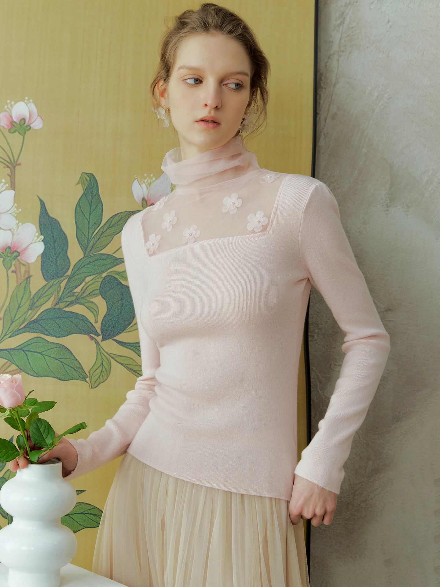 

Облегающий вязаный свитер с 3D-цветочным воротником, женский базовый свитер, два цвета, французский стиль, мягкий шерстяной длинный рукав