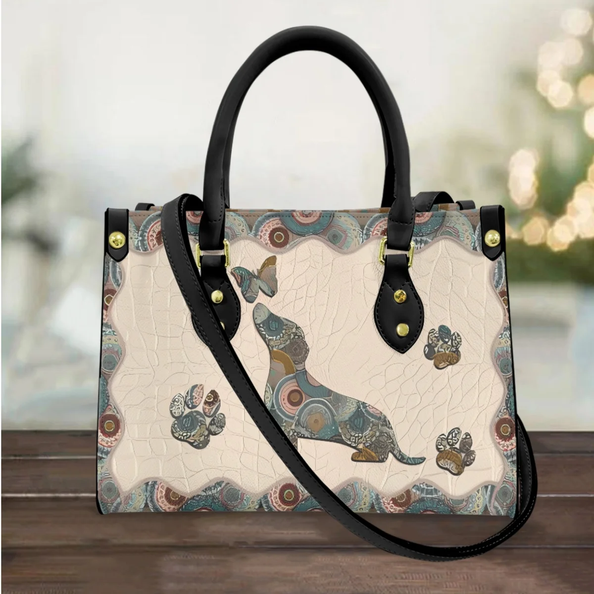 

Bohemian Dachshund Butterfly Print Casual Totes Fashion Top Handle PU Leather Commuter Shoulder Bag Girls Retro Cross Body Bag