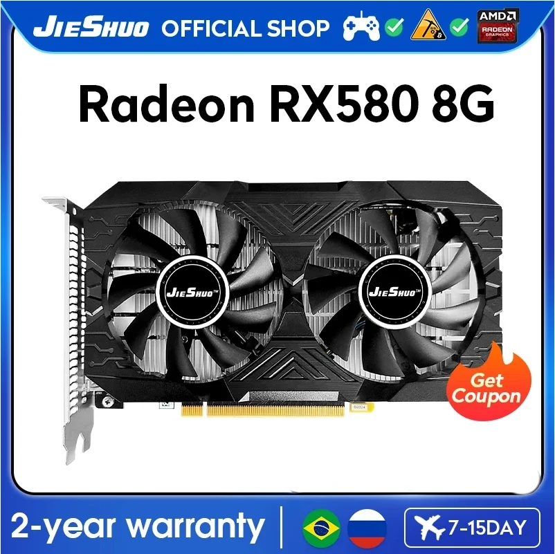 JIESHUO AMD RX 580 8GB 2048SP Video Graphics Card GDDR5 256BIT GPU rx580 8g PC Desktop Games Office 580rx (Single interface)