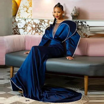 Navy Blue Mermaid Evening Dresses Elegant แขนยาวชุดราตรี robe de soiree ที่กําหนดเองพรหมชุดประดับด้วยลูกปัดแขนยาว