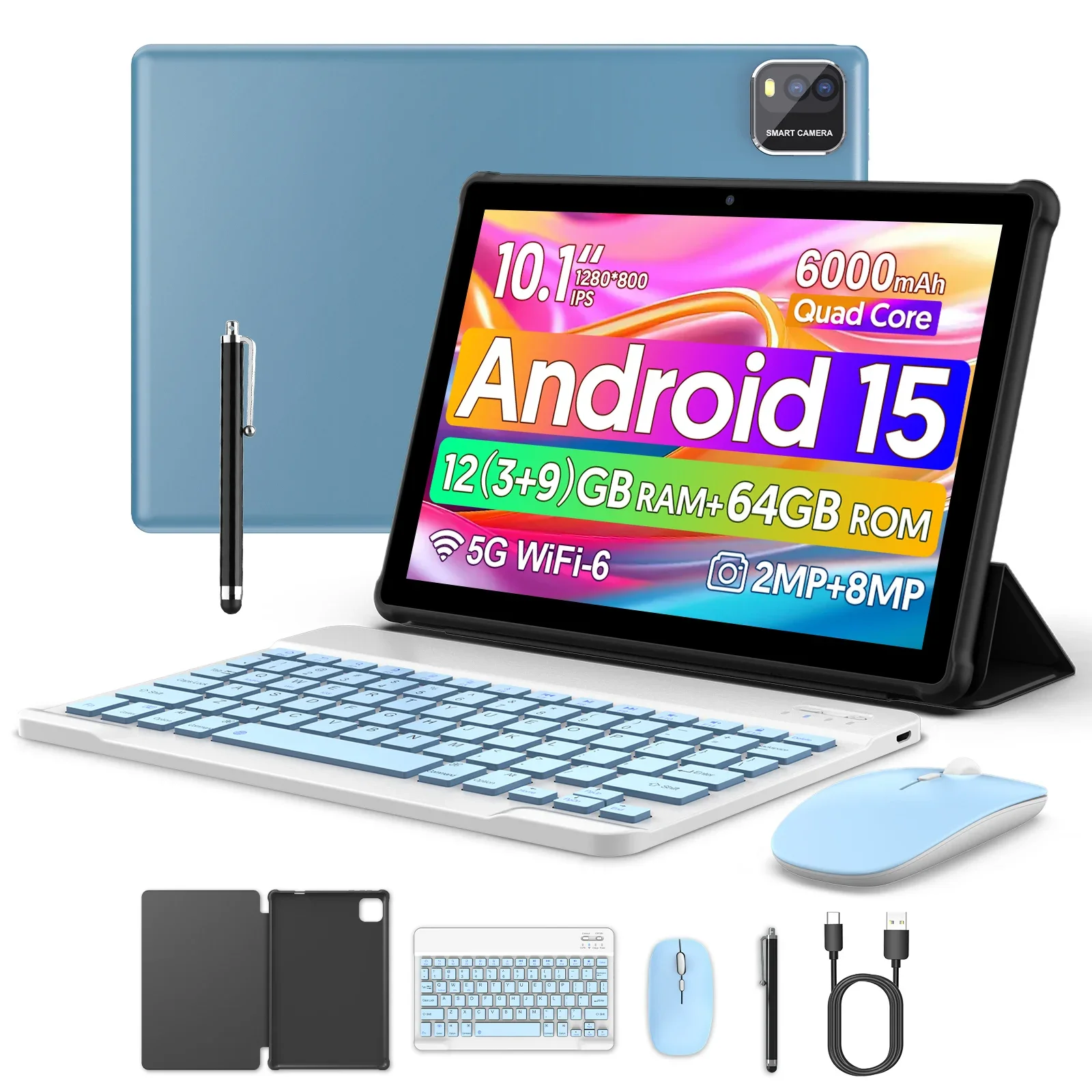 

BAKEN 10-inch tablet with SIM card slot, Android 15, Wi-Fi, GPS, Bluetooth, 64GB storage, dual speakers, USB-C port