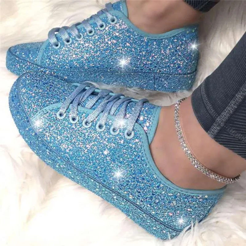 Spring Autumn Casual Glitter Flat Shoes for Women Lace Up Solid Sequin Skate Shoes Breathable Fashion Sneakers Large Size35-43